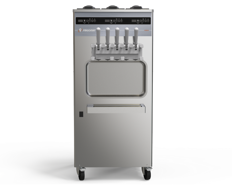 Macchina da pavimento per gelato soft con 3 gusti + 2 mix, disponibile in versione a gravità o con pompa